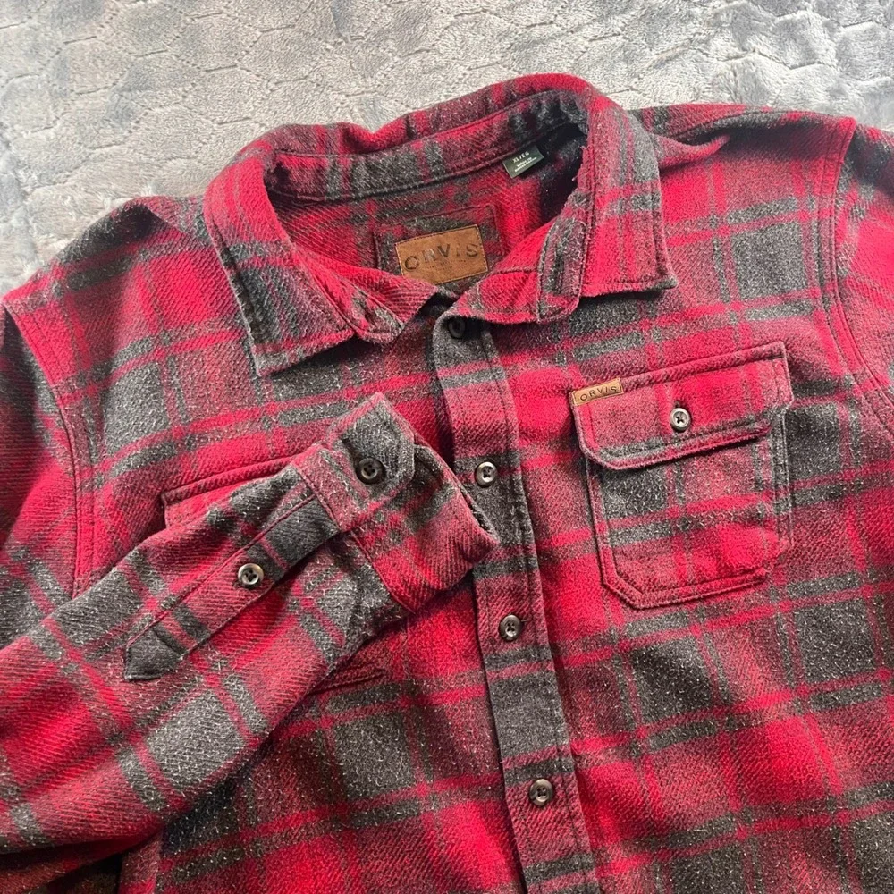 ORVIS Mens Red Plaid Flannel Shirt Jacket Button Up Long Sleeve Size XL